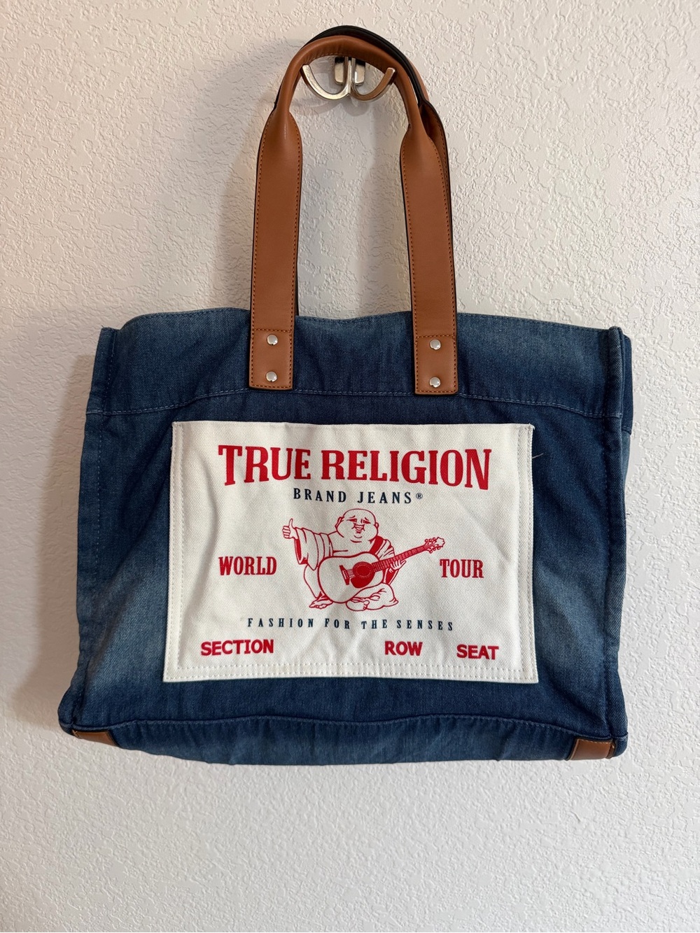 True Religion Denim Tote Bag in Blue with Tan Handles
